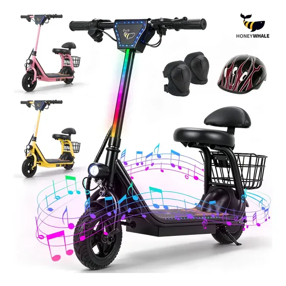 Patinete Elétrico Infantil Honeywhale Jl006, 300w-18km/h-10km-80kg, Velocidade-juvenil-autonomia-de-bluetooth-carge, Scooter Eletrica Com Cesto E Assento, Três Velocidades, Honey Whale(36v 3,6ah)preto