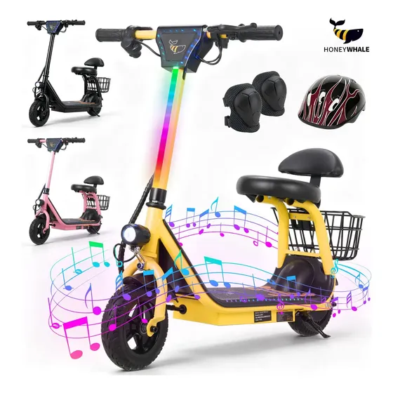 Patinete Elétrico Infantil Honeywhale JL006-YD, 300W e 18km/h, Com Assento, Cesto e Bluetooth – Amarelo