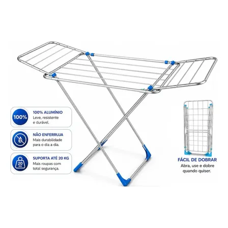 Varal De Chao C/ Abas 100% Aluminio 137cm Reforçado Dobrável Prateado