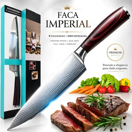 Faca Chef Profissional 8 Pol Aço Inox Corte Preciso Ultra Afiado Cabo Madeira Pakka Antiderrapante Profissional Premium Ideal Para Carnes Legumes Peixes Frutas Cozinha Gourmet Churrasco Picanha
