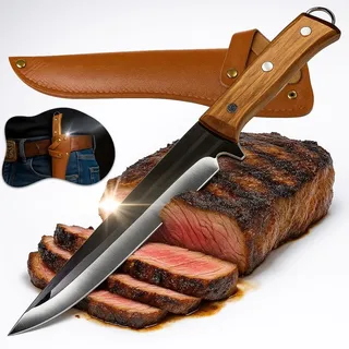 Faca Picanheira Artesanal Inox Premium Cabo Madeira Envernizada Ultra Afiada Com Bainha Couro Para Churrasco Profissional Corte Preciso Picanha Fraldinha Costela Frango Peito Suíno