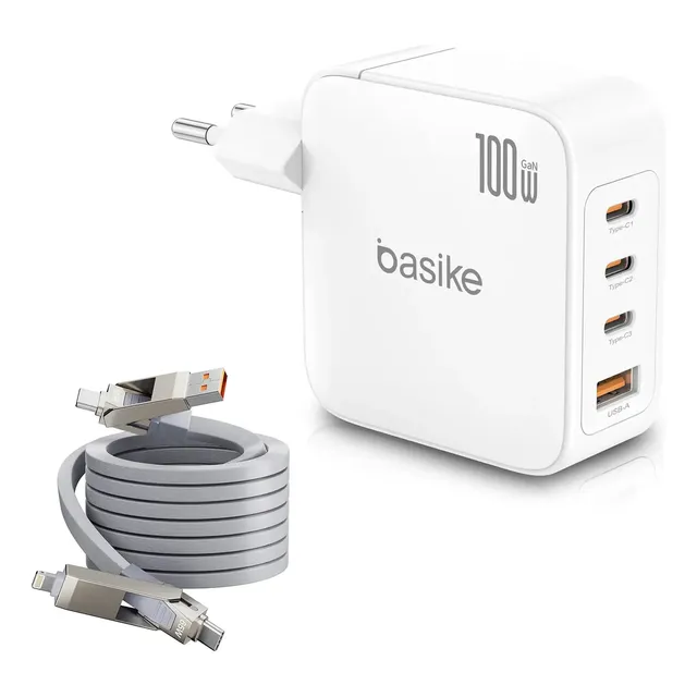 Carregador De Parede Basike 100w Turbo Gan Com 3 Usb-c E 1 Usb-a, E Cabo De Dados 4 Em 1 Branco-100w