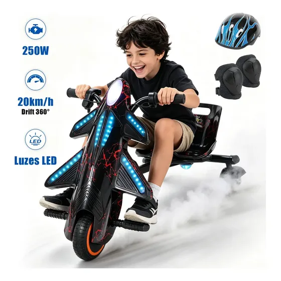 Triciclo Elétrico Drift Infantil HONEYWHALE 008C, 250W Potência máxima, 60 Min Tempo de Uso, com Bluetooth, 3 Modos de Velocidade, Adequada para Crianças de 5 a 8 Anos, Honey Whale (36V, 3AH) Preto