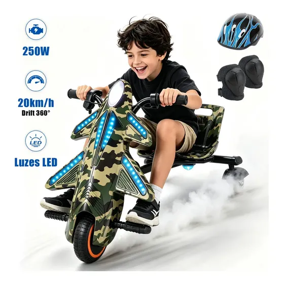 Triciclo Elétrico Drift Infantil HONEYWHALE 008C, 250W Potência máxima, 60 Min Tempo de Uso, com Bluetooth, 3 Modos de Velocidade, Adequada para Crianças de 5 a 8 Anos, Honey Whale (36V, 3AH) Verde
