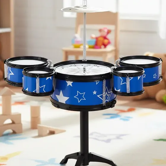 Mini Bateria Infantil Brinquedo Com Prato Tambor E Baqueta Azul