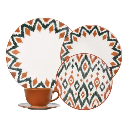 Aparelho De Jantar 20 Peças Unni Boho Oxford Terracota Verde Branco Estampa Geométrica