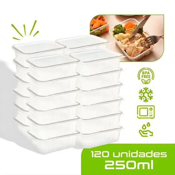 120 Marmitas 250ml Comida Fitness Pote Descartável Retangular Plástico Freezer Microondas Com Tampas - Mtones