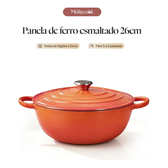 Mollycook Panela Caçarola Ferro Fundido Esmaltada 26cm 3.8l Indução e Forno Antiaderente Premium Tacho Esmaltado Laranja