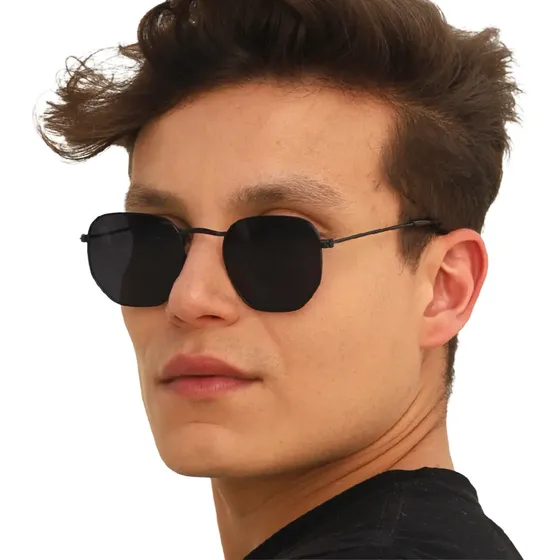 Óculos De Sol Hexagonal Unissex Premium Proteção Uv400 Moda Preto