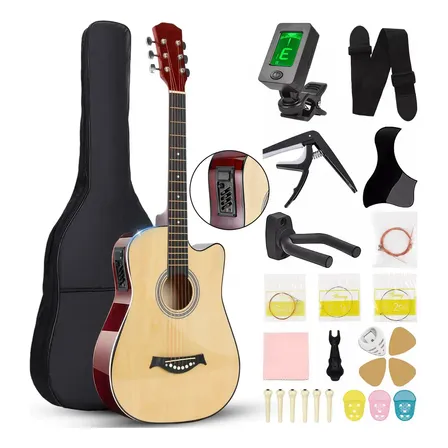 Kit 38 polegadas Violão Eletroacústica Acústicas 6 Cordas P/iniciante Para destros Com Afinador+acessório+Estojo para Violão Cor Natural
