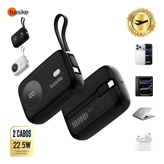 Basike Power Bank 10000mAh Com Carga rápida Turbo 42.5w Cabo e Digital para Celular Universal Para Celulares iPhone 17/16/15/14/13/12 Samsung Galaxy S24/S23/S22/S21/A55/A54 Motorola Mo