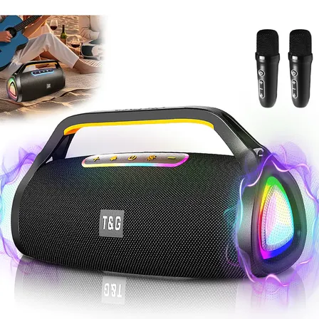 Caixa De Som Bluetooth 20w Com 2 Microfones Sem Fio, Portátil - Som Forte Para Karaokê, Festas, Churrasco E Ao Ar Livre - Presente Ideal Preto 5v