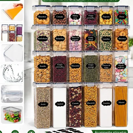 Kit 24 Potes Herméticos Mantimentos Quadrado Cozinha Tampa Transparente