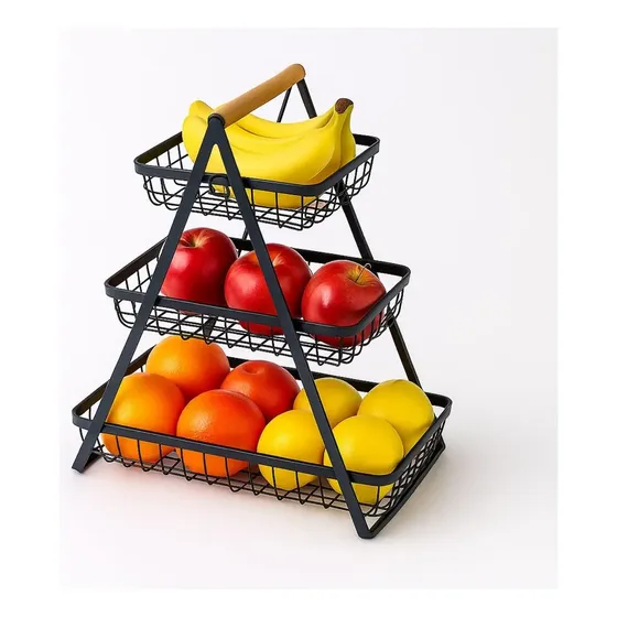 Fruteira De Mesa em Metal Aramado com 3 Níveis, Preta