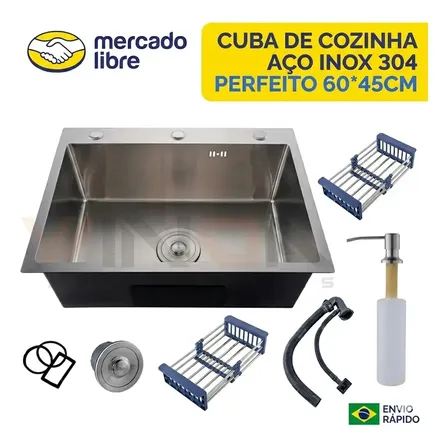 Cuba De Cozinha Inox Prata Aço Inoxidável Escovado 60x45x21cm Completa Winda Prateado
