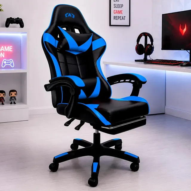 Cadeira De Escritório Gamer Ergonômica Reclinável com Apoio Para Pés Estofado Couro Sintético Altura Ajustável Cor Azul Oblivion Nienz