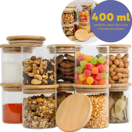 Kit 10 Pote Vidro Hermético Tampa De Bambu 400ml Cozinha Transparente