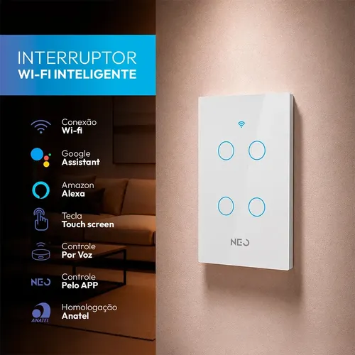 Interruptor Inteligente Smart Wifi 4 Botões Touch Branco Alexa Google Bivolt 4x2 Neo