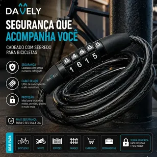 Cadeado Segredo Bike Trava Aço 1.10m Bicicleta Segura Trava Segurança Cadeado Para Bicicleta Chave Corrente Prender Bicicleta Cadeado Bicicleta Reforçado Bike Segurança Com Senha Numerica Marca Davely