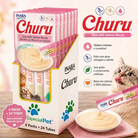 Churu Para Gatos: Petisco Úmido De Atum E Salmão Em Kit C/ 6 Pacotes (24 Sachês) - Especial Pet