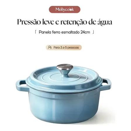 Panela Caçarola De Ferro Esmaltado 24cm 3.8l Fogão Indução Azul Mollycook Azul-24cm 3-5 Pessoas