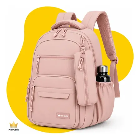 Mochila Escolar Notebook Kingbr Grande Capacidade Impermeável Faculdade Trabalho Viagem Executiva Reforçada Multibolsos Universitária Acolchoada Com Estojo Masculina Feminina Rosa Liso