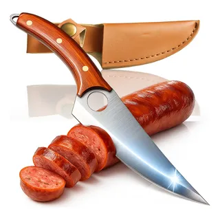 Faca Aço Inox Ultra Afiada Full Tang Com Bainha Couro Para Churrasco Cozinha Camping Corte Profissional Carnes Legumes Presente Masculino Cabo Madeira Cutelaria Chef Pesca Caça Premium