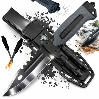 Faca Tática Militar Sobrevivência Cinza Aço 440c Bússola Funcional Apito Emergência Pedreneira Camping Caça Pesca Selva Defesa Lâmina Afiada Bainha Cinto Quebra Vidro Kit Completo Tático