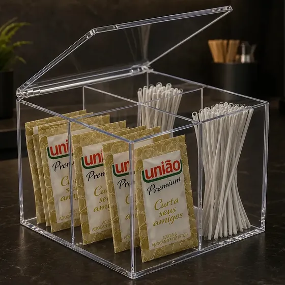 Organizador para Sachês de Chá e Açúcar em Acrílico Cristal Com 4 Compartimentos
