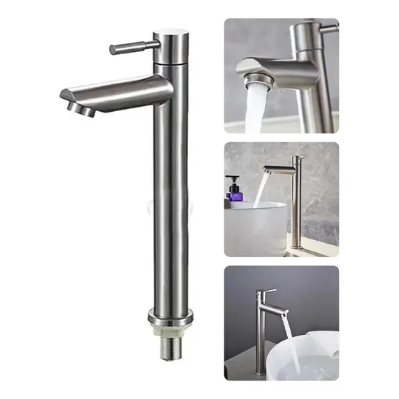 Torneira para Banheiro Dami Monocomando de Bancada em Aço Inox 304 com Bica Alta e Acabamento Fosco