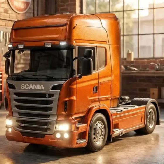 Miniatura Caminhão Scania V8 770s Laranja Trucado Com Som E Luz Brinquedo Colecionável Premium Ligeiro