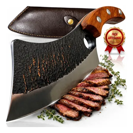Cutelo De Chef Forjado Aço Carbono Lâmina Ultra Afiada Cozinha Churrasco Camping Sobrevivência Faca Profissional Full... Dourado-escuro