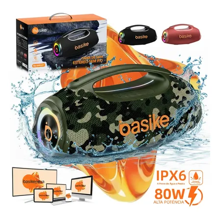 Caixa de Som Basike 80W RMS Portátil Bluetooth 5.3 com LED RGB e Graves Fortes