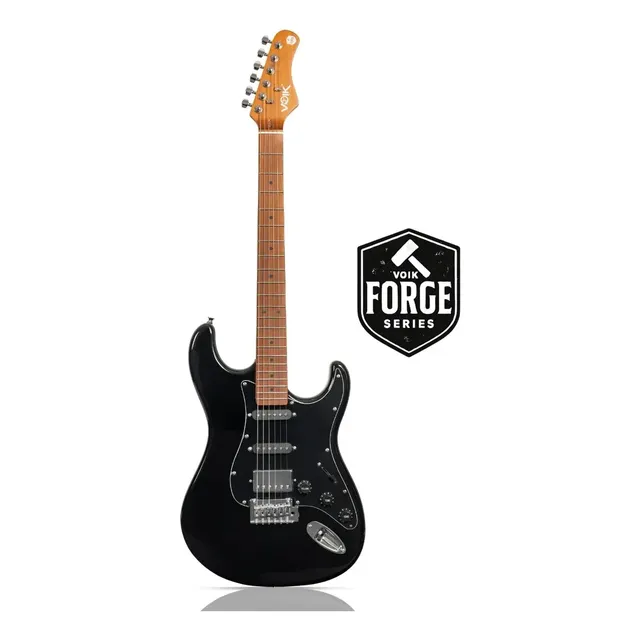 Guitarra Elétrica Voik 500 OBSIDIAN Cor Gloss Black Brilhante Stratocaster Captador HSS Corpo Alder Braço Carbonized Maple Tarraxas Locking Turners Com Alavanca e Cabo P10 FORGE Series P/ Destros