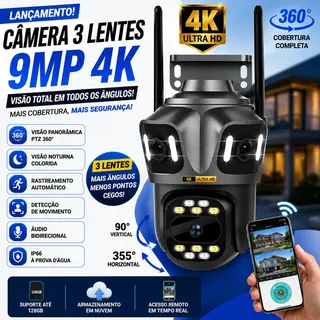 Câmera Segurança Wifi Externa 9mp 3 Lentes Ptz 360° Visão Noturna Colorida Auto Rastreamento Ia Detecção Humana Áudio... Cinza-escuro
