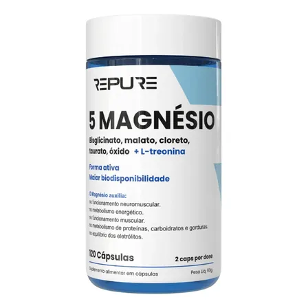 Magnésio Plus Quelato + Dimalato + Treonato + Taurato + Cloreto - Alta Absorção. Formula Avançada Com 5 Fontes - 120 Cápsulas