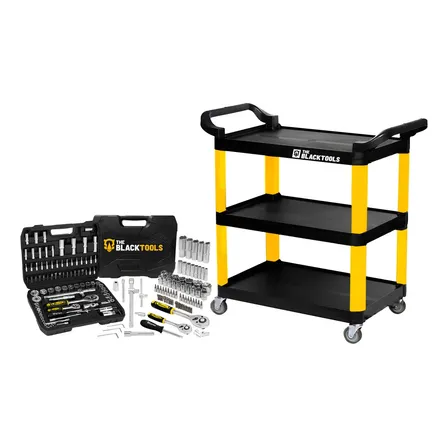 Carrinho Para Ferramentas Organizodor 3 Prateleiras Com Jogo Ferramentas Soquetes Chaves Bits 94 Peças The Black Tools Amarelo/preto