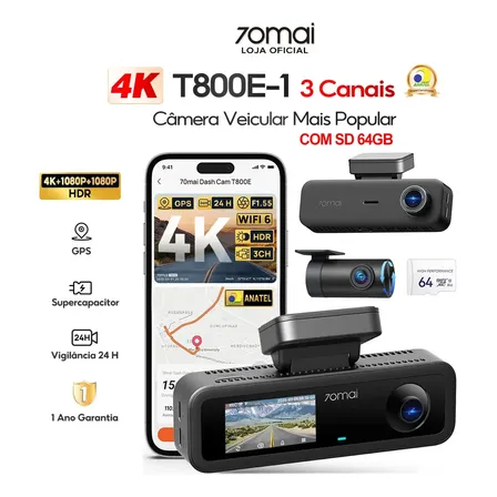 Câmera De Painel 70mai T800e 4k De 3 Canais Com Gps E Wi-fi
