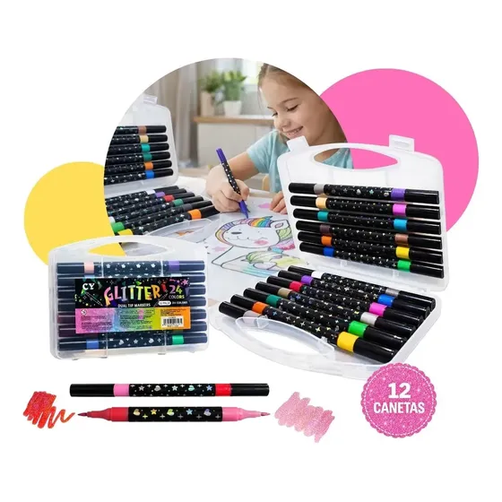 Canetinhas Glitter Estojo 12 Canetas Ponta Dupla 24 Cores Preto Glitter Gurumania