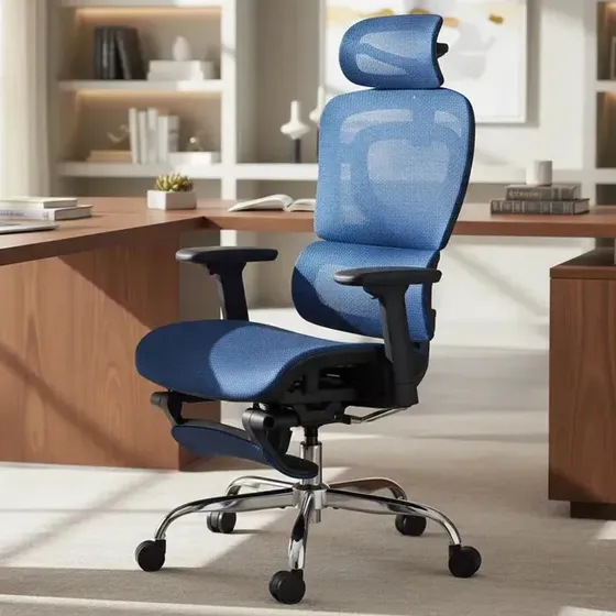 Cadeira De Escritório Ergonômica Mônaco Bt07 Luvinco Malha Respirável Com Suporte Lombar Adaptável Apoio Para Pés Retrátil Encosto Ajustável Seis Posições Cor Azul Suporta 200kg