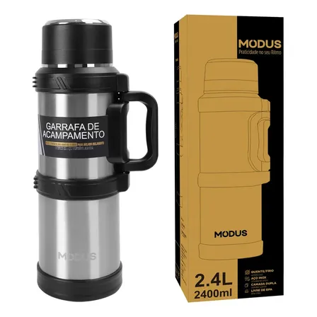 Modus Garrafa Térmica 2400ml Inox 304 Alça Dobrável Mantém Quente E Frio 48h Para Viagens E Acampamento Prateado