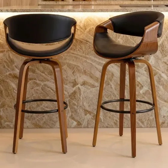 Kit 2 Banquetas Nicole Moderna Design Confortável Madeira E Couro Sintético Pu Preto