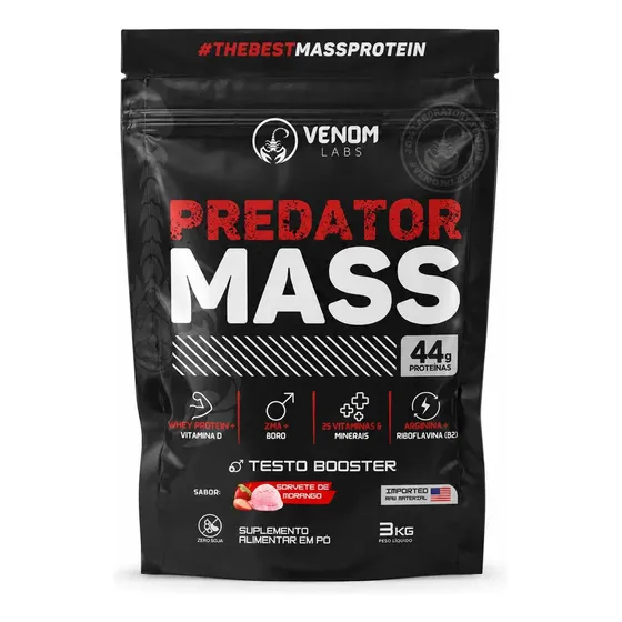 Hipercalórico Predator Mass 3kg (44g Proteínas) Venom Labs Sabor Sorvete De Morango