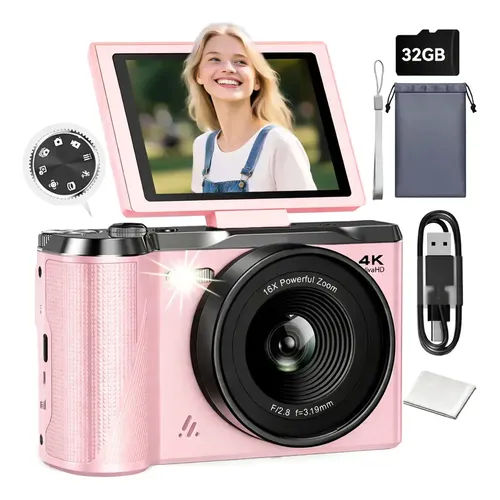 Câmera Fotografica Digital 4k 56mp Com Tela Ips De 180°+32gb Cor Rosa