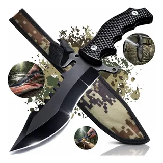 Faca Tatica Afiada Pescador Camping Com Bainha Camuflada Preto