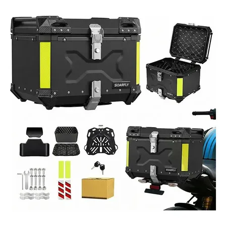 Soarfly Baú De Alumínio Para Motocicleta 55 L + Suporte + Encosto+dois Tipos De Adesivos Refletivos Preto
