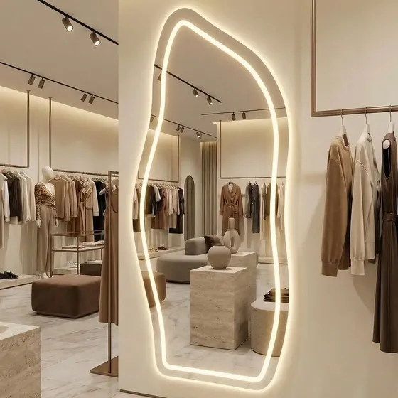 Espelho Orgânico Magnus 170x70cm Com Led Jateado 3 Cores Frio Neutro Quente Bivolt Para Parede Quarto Closet Lojas E Salão De Beleza Design Fluido De Luxo Sem Distorção E Bordas Lapidadas