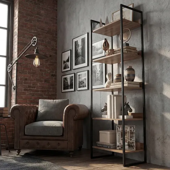 Estante Para Livros Estilo Industrial Armário Multiuso Com 5 Prateleiras Lâmina Preto Design Moderno Mod: Rena Laminado