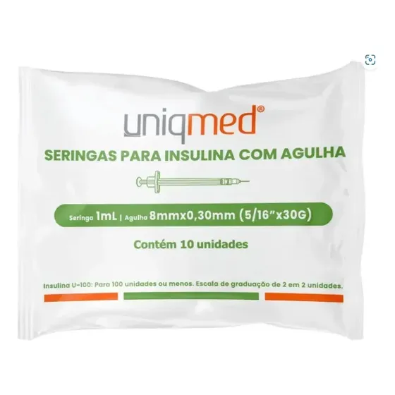 Seringa Insulina 1ml C/ag. 8x0,30mm 30g Pct C/10un Uniqmed
