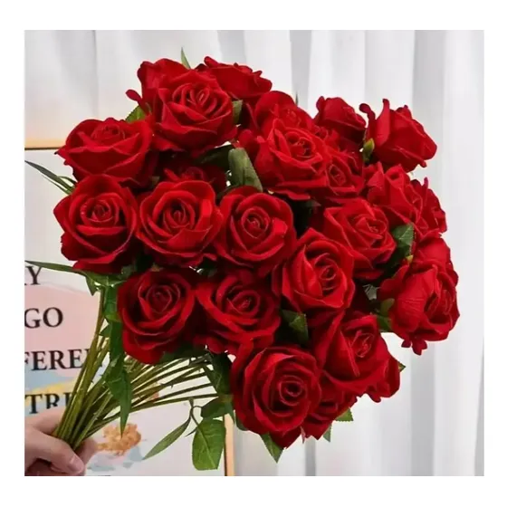 Kit De Botões De Rosa Artificiais De Veludo Vermelho, 50cm, Com 12 Unidades